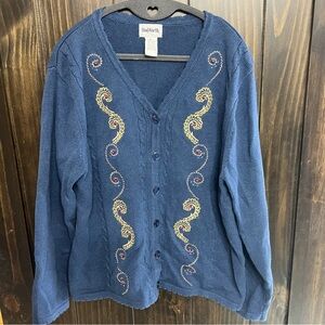 BonWorth Blue Embroidered Beaded Cardigan Sweater, Size Large petite-vintage